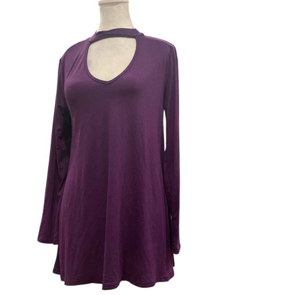 BRENDA’S S purple choker collar long sleeve stretchy knit A line top